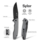 SENCUT Sylor Flipper & Thumb Stud Knife Gray G10 Handle (3.35" Black D2 Blade) S25056 - 1 - SENCUT