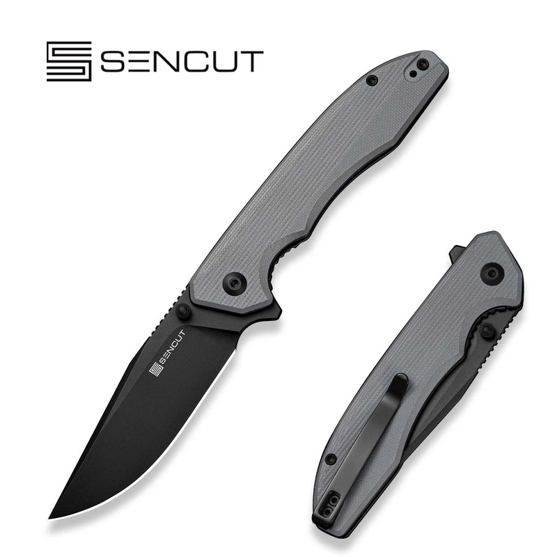 SENCUT Sylor Flipper & Thumb Stud Knife Gray G10 Handle (3.35" Black D2 Blade) S25056 - 1 - SENCUT