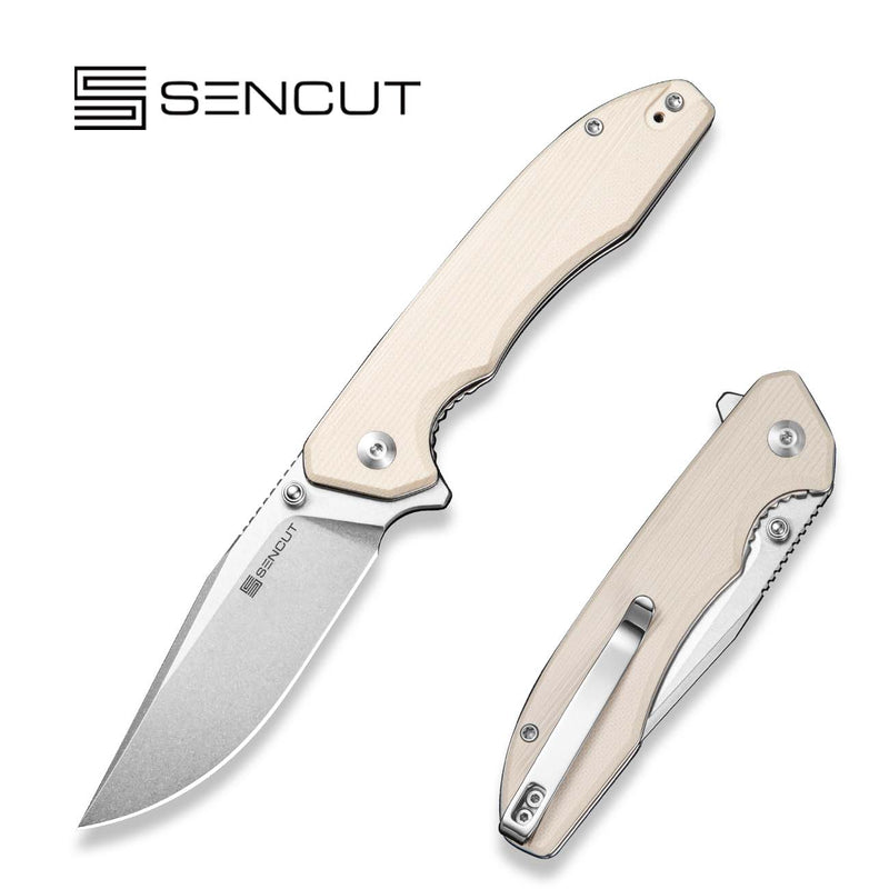 SENCUT Sylor Flipper & Thumb Stud Knife Ivory G10 Handle (3.35" Stonewashed D2 Blade) S25056 - 2 - SENCUT