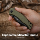 SENCUT Tauron Flipper & Thumb Stud Knife Olive Canvas Micarta Handle (3.48" Black D2 Blade) S25060 - 3 - SENCUT