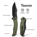 SENCUT Tauron Flipper & Thumb Stud Knife Olive Canvas Micarta Handle (3.48" Black D2 Blade) S25060 - 3 - SENCUT