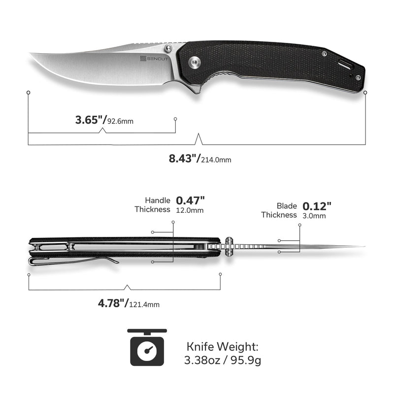 SENCUT Vornix Flipper Knife Black Canvas Micarta Handle (3.65" Satin Finished 9Cr18MoV Blade) S25038 - 2 - SENCUT
