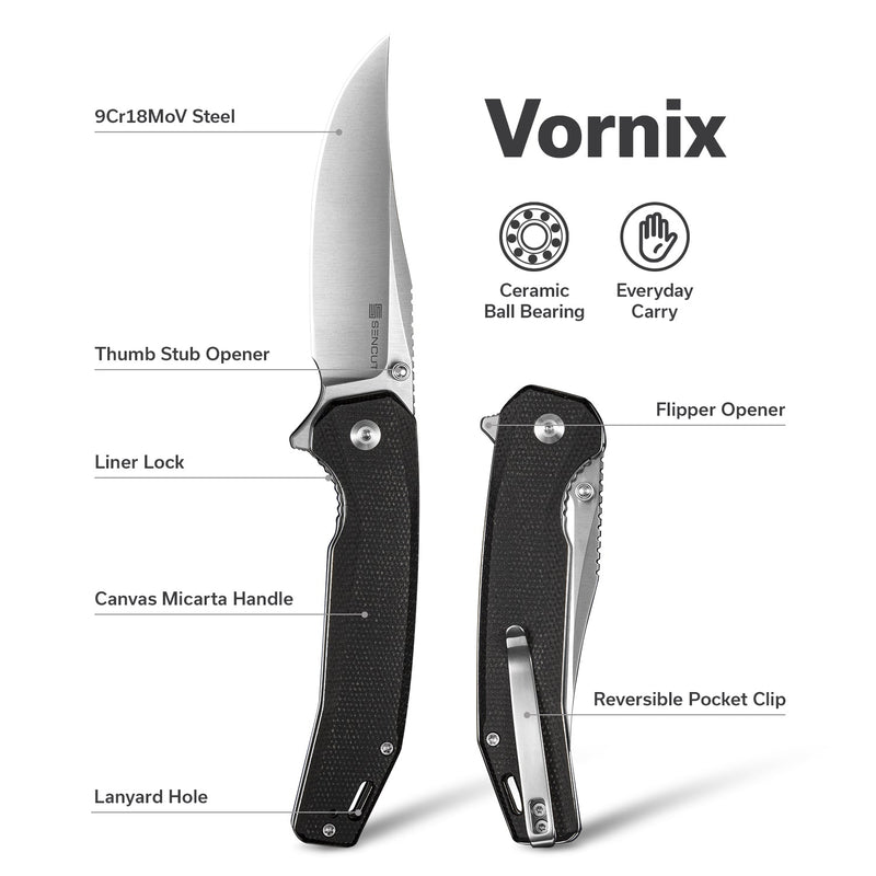 SENCUT Vornix Flipper Knife Black Canvas Micarta Handle (3.65" Satin Finished 9Cr18MoV Blade) S25038 - 2 - SENCUT