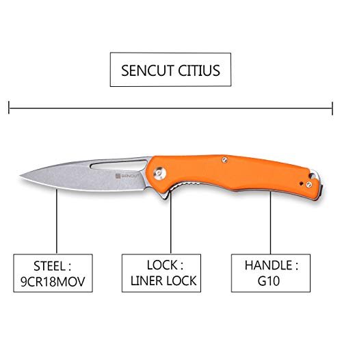 SENCUT CITIUS Flipper & Manual Thumb Knife Orange G10 Handle (3.3" Gray Stonewashed 9Cr18MoV Blade) SA01C - SENCUT