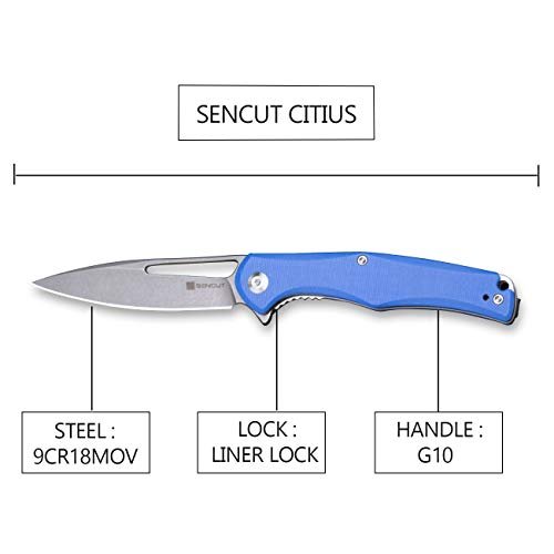 SENCUT CITIUS Flipper & Manual Thumb Knife Blue G10 Handle (3.3" Gray Stonewashed 9Cr18MoV Blade) SA01D - SENCUT