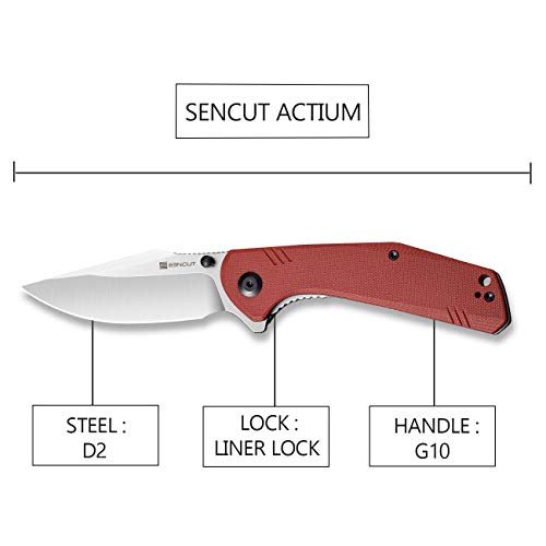 SENCUT Actium Flipper & Thumb Stud Knife Burgundy G10 Handle (3.46" Satin D2 Blade) SA02A - SENCUT