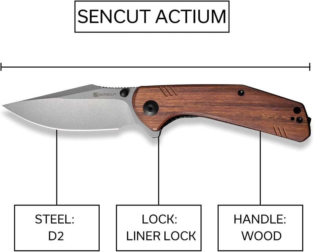 Sencut Knives SA02D Actium Flipper Knife 3.46 D2 Black Stonewashed Drop  Point Blade, Purple G10 Handles - KnifeCenter