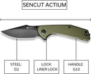 SENCUT Actium Flipper & Thumb Stud Knife OD Green G10 Handle (3.46" Black Stonewashed D2 Blade) SA02E - SENCUT