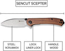SENCUT Scepter Flipper &Thumb Stud Knife Cuibourtia Wood Handle (2.97" Gray Stonewashed 9Cr18MoV Blade) SA03H - SENCUT