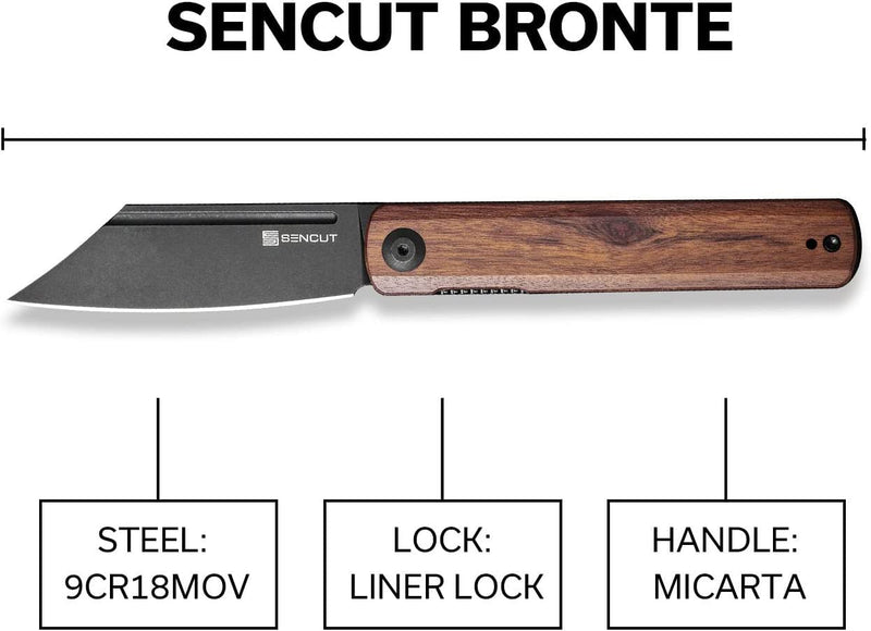 SENCUT Bronte Front Flipper Knife Cuibourtia Wood Handle (3.38" Black Stonewashed 9Cr18MoV Blade) SA08E - SENCUT