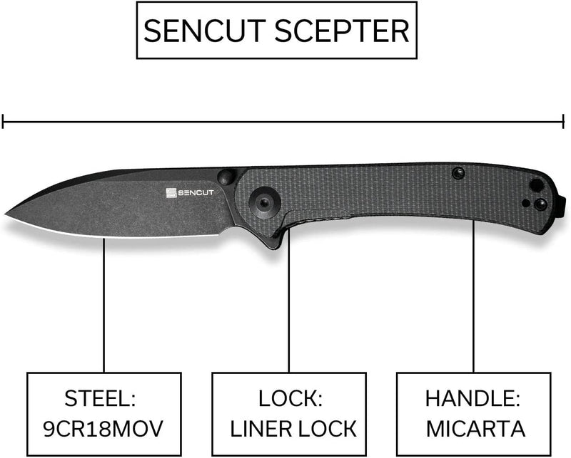SENCUT Scepter Flipper &Thumb Stud Knife Dark Green Canvas Micarta Handle (2.97" Black Stonewashed 9Cr18MoV Blade) SA03G