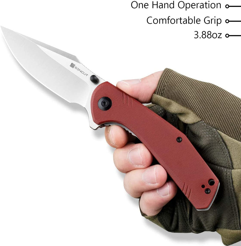 SENCUT Actium Flipper & Thumb Stud Knife Burgundy G10 Handle (3.46" Satin D2 Blade) SA02A - SENCUT