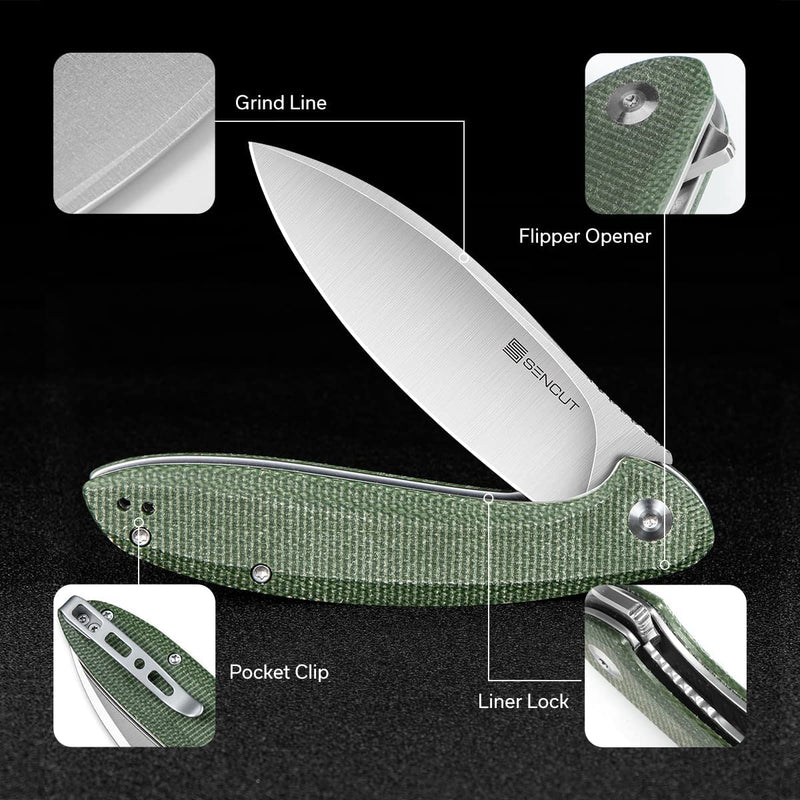 SENCUT San Angelo Flipper Knife Green Micarta Handle (3.48" Satin 9Cr18MoV Blade) S21003-3 - SENCUT