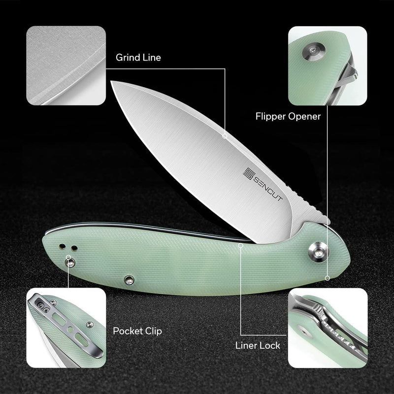 SENCUT San Angelo Flipper Knife Natural G10 Handle (3.48" Satin 9Cr18MoV Blade) S21003-2 - SENCUT