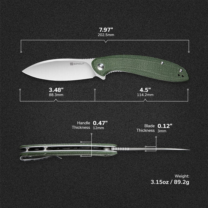 SENCUT San Angelo Flipper Knife Green Micarta Handle (3.48" Satin 9Cr18MoV Blade) S21003-3 - SENCUT