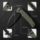 SENCUT Sachse Flipper & Button Lock & Thumb Stud Knife Green Micarta Handle (3.47" Black Stonewashed 9Cr18MoV Blade) S21007-2