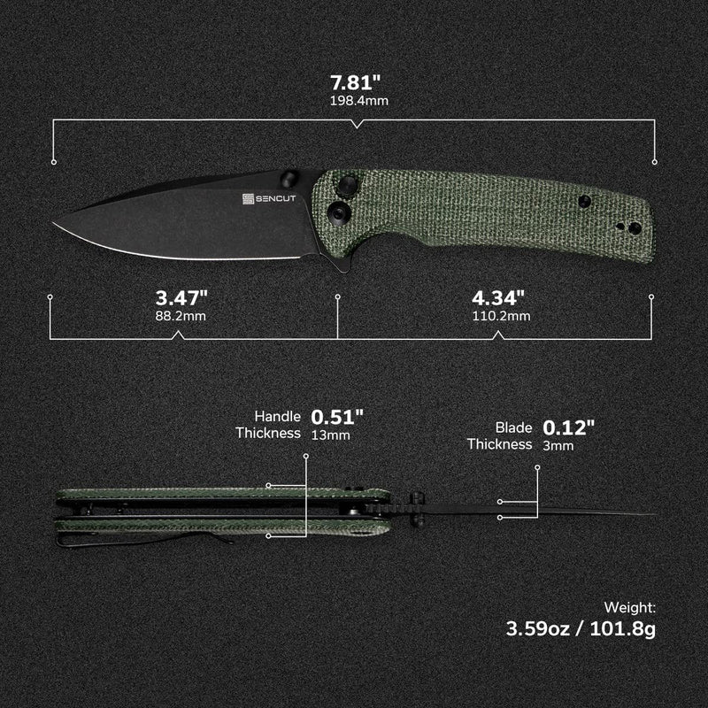 SENCUT Sachse Flipper & Button Lock & Thumb Stud Knife Green Micarta Handle (3.47" Black Stonewashed 9Cr18MoV Blade) S21007-2