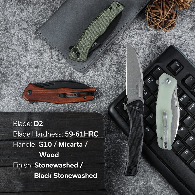 SENCUT Watauga Flipper & Button Lock Knife Dark Green Canvas Micarta Handle (3.48" Black Stonewashed D2 Blade) S21011-2