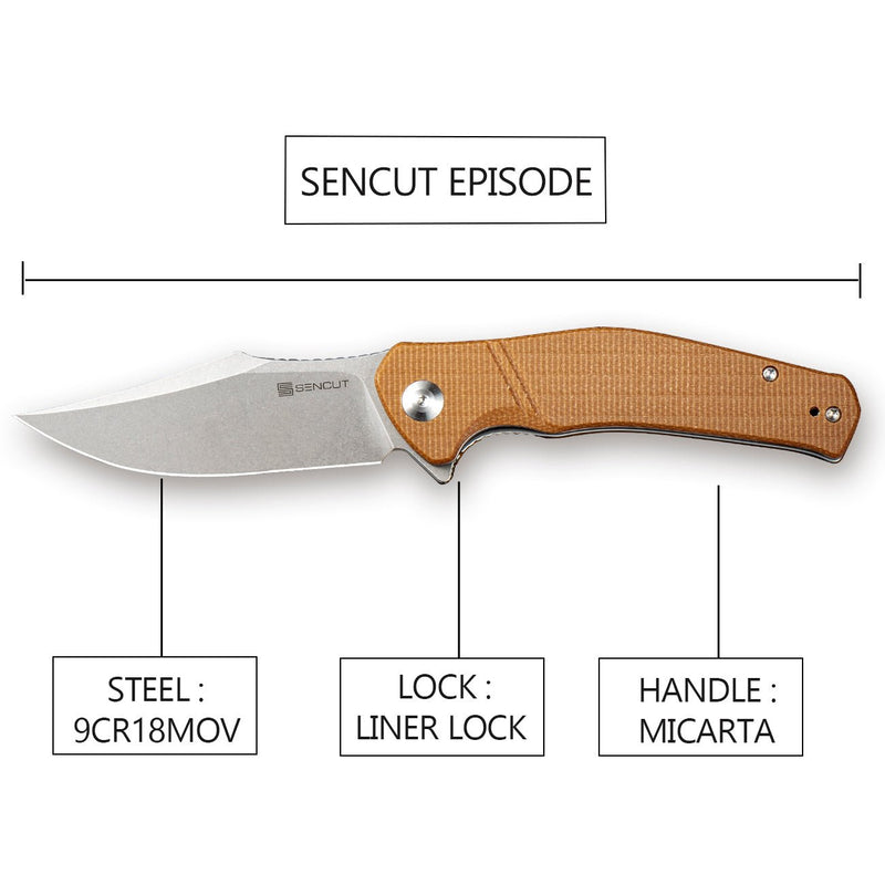 SENCUT Episode Flipper Knife Brown Micarta Handle (3.48" Stonewashed 9Cr18MoV Blade) SA04D - SENCUT
