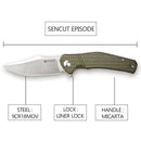 SENCUT Episode Flipper Knife Green Micarta Handle (3.48" Stonewashed 9Cr18MoV Blade) SA04E - SENCUT