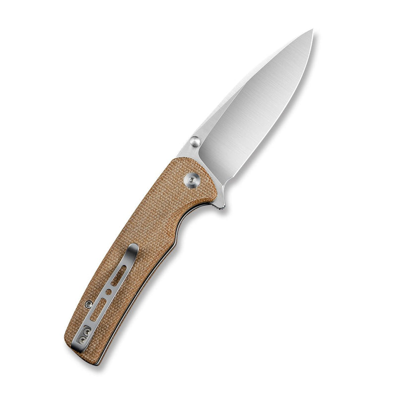 SENCUT Sachse Flipper & Button Lock & Thumb Stud Knife Brown Micarta Handle (3.47" Satin Finished 9Cr18MoV Blade) S21007-3