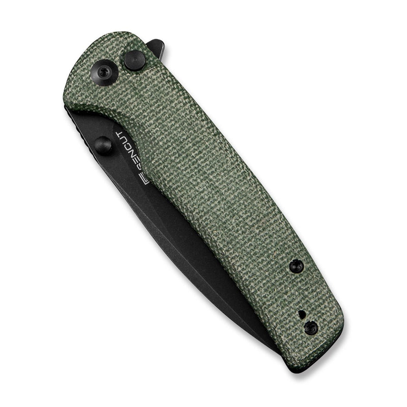 SENCUT Sachse Flipper & Button Lock & Thumb Stud Knife Green Micarta Handle (3.47" Black Stonewashed 9Cr18MoV Blade) S21007-2