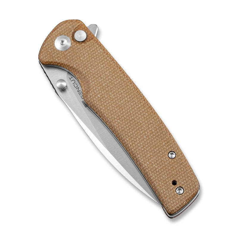 SENCUT Sachse Flipper & Button Lock & Thumb Stud Knife Brown Micarta Handle (3.47" Satin Finished 9Cr18MoV Blade) S21007-3