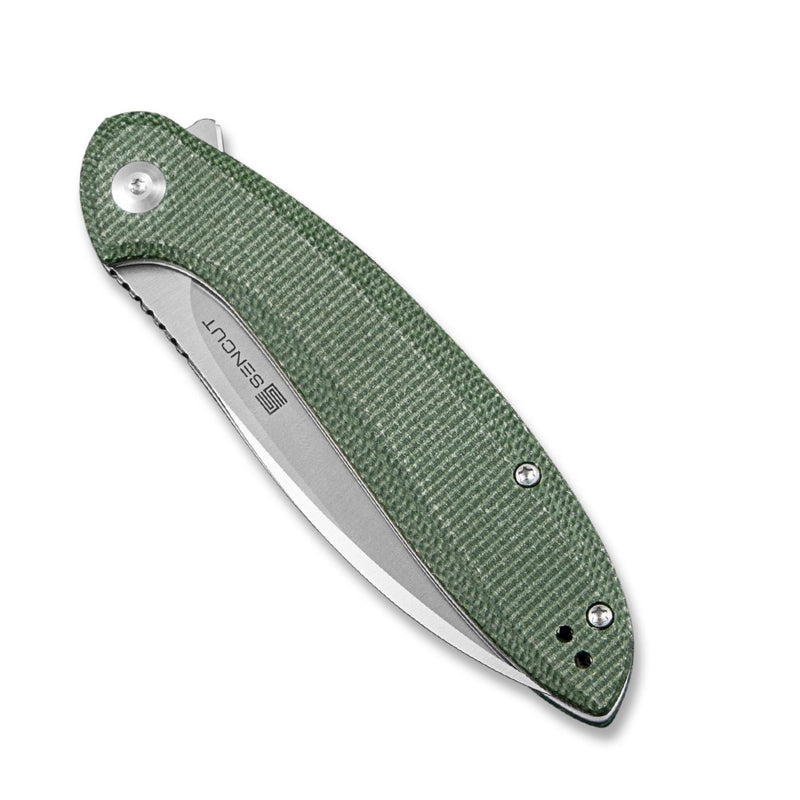 SENCUT San Angelo Flipper Knife Green Micarta Handle (3.48" Satin 9Cr18MoV Blade) S21003-3 - SENCUT