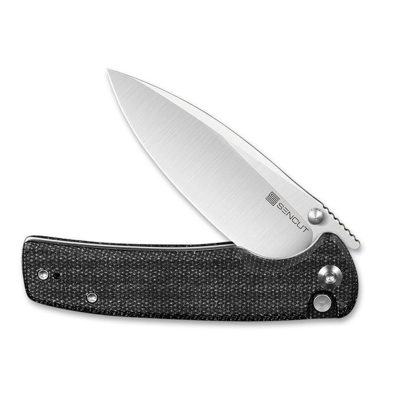 SENCUT Sachse Flipper & Button Lock & Thumb Stud Knife Black Micarta Handle (3.47" Satin Finished 9Cr18MoV Blade) S21007-1