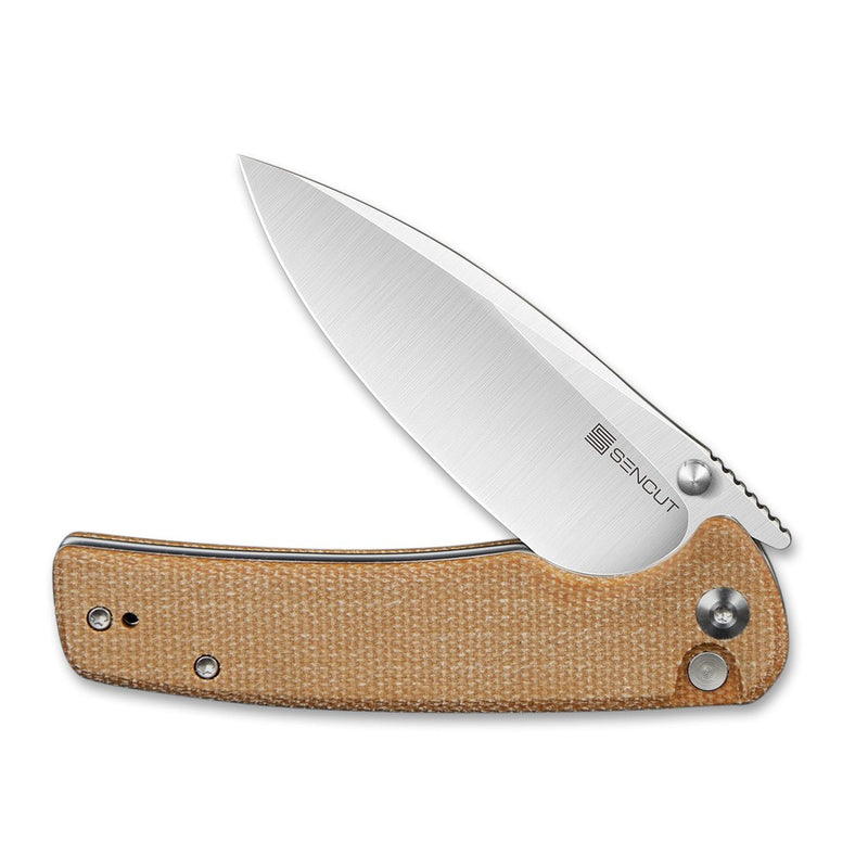 SENCUT Sachse Flipper & Button Lock & Thumb Stud Knife Brown Micarta Handle (3.47" Satin Finished 9Cr18MoV Blade) S21007-3