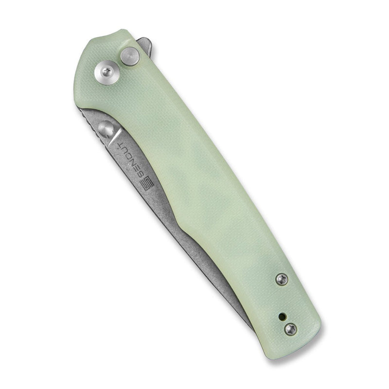 SENCUT Crowley Flipper & Button Lock & Thumb Stud Knife Natural G10 Handle (3.48" Stonewashed D2 Blade) S21012-1 - SENCUT