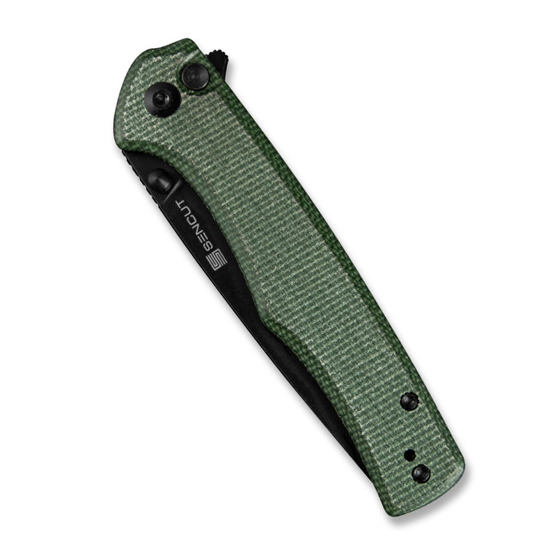 SENCUT Crowley Flipper & Button Lock & Thumb Stud Knife Green Micarta Handle (3.48" Black Stonewashed D2 Blade) S21012-3