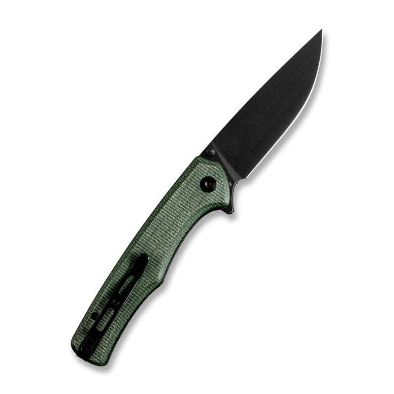 SENCUT Crowley Flipper & Button Lock & Thumb Stud Knife Green Micarta Handle (3.48" Black Stonewashed D2 Blade) S21012-3