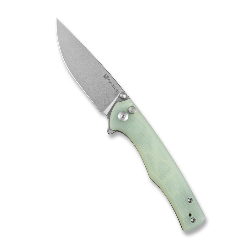 SENCUT Crowley Flipper & Button Lock & Thumb Stud Knife Natural G10 Handle (3.48" Stonewashed D2 Blade) S21012-1 - SENCUT