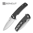 SENCUT Sachse Flipper & Button Lock & Thumb Stud Knife Black Micarta Handle (3.47" Satin Finished 9Cr18MoV Blade) S21007-1