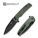 SENCUT Sachse Flipper & Button Lock & Thumb Stud Knife Green Micarta Handle (3.47" Black Stonewashed 9Cr18MoV Blade) S21007-2