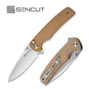 SENCUT Sachse Flipper & Button Lock & Thumb Stud Knife Brown Micarta Handle (3.47" Satin Finished 9Cr18MoV Blade) S21007-3
