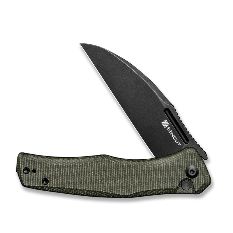 SENCUT Watauga Flipper & Button Lock Knife Dark Green Canvas Micarta Handle (3.48" Black Stonewashed D2 Blade) S21011-2