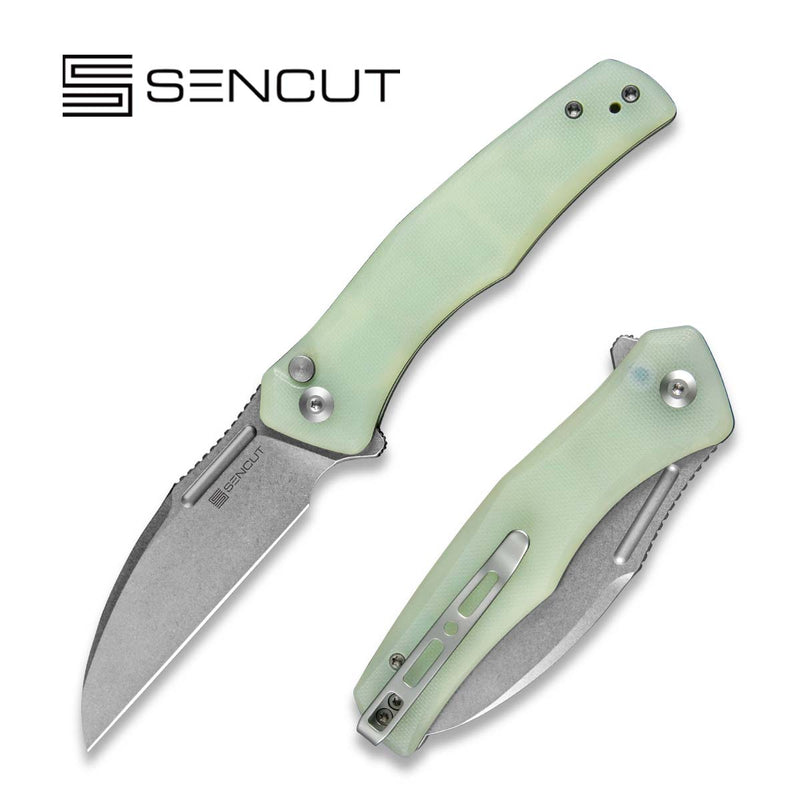 SENCUT Watauga Flipper & Button Lock Knife Natural G10 Handle (3.48" Stonewashed D2 Blade) S21011-3 - SENCUT