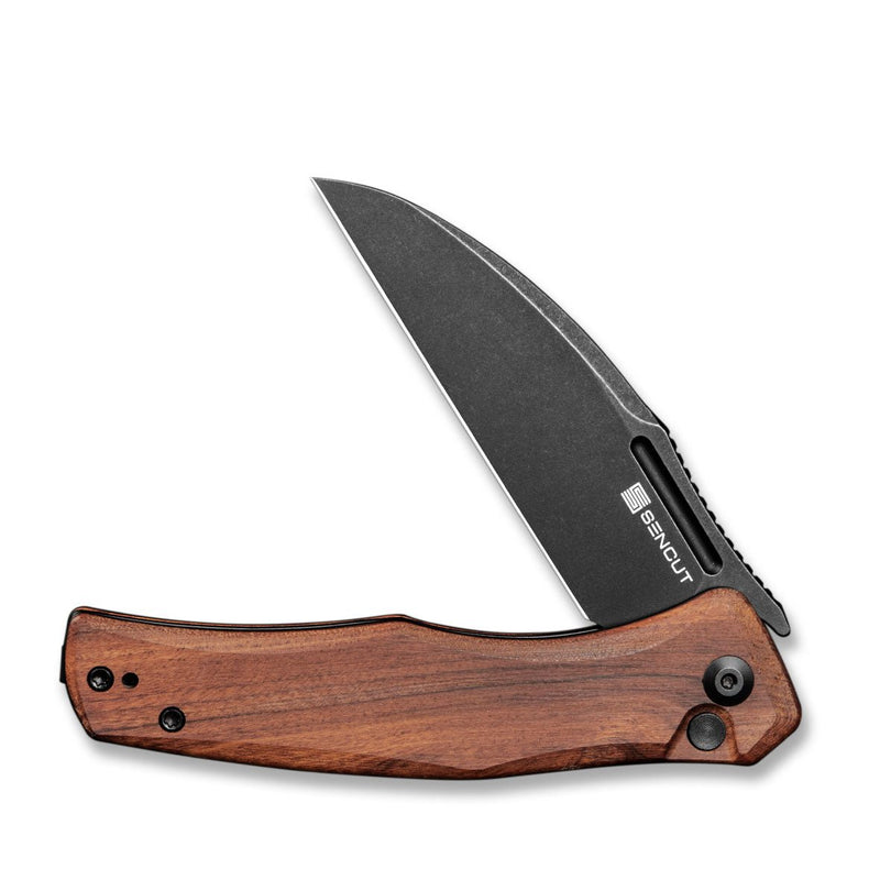 SENCUT Watauga Flipper & Button Lock Knife Cuibourtia Wood Handle (3.48" Black Stonewashed D2 Blade) S21011-4 - SENCUT