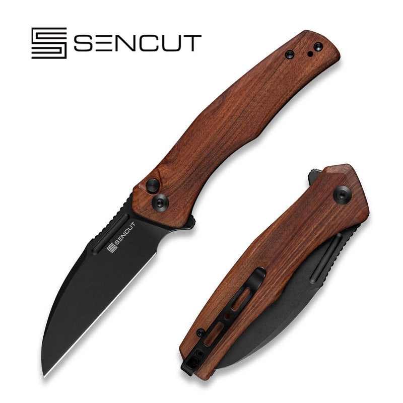 SENCUT Watauga Flipper & Button Lock Knife Cuibourtia Wood Handle (3.48" Black Stonewashed D2 Blade) S21011-4 - SENCUT