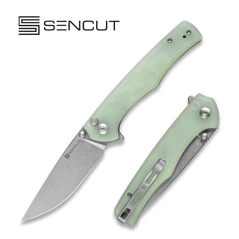 SENCUT Crowley Flipper & Button Lock & Thumb Stud Knife Natural G10 Handle (3.48" Stonewashed D2 Blade) S21012-1 - SENCUT