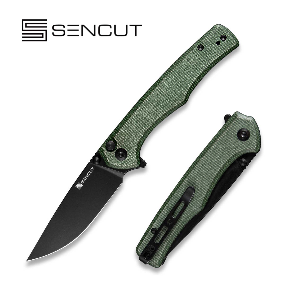 SENCUT Crowley Flipper & Button Lock & Thumb Stud Knife Micarta