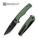 SENCUT Crowley Flipper & Button Lock & Thumb Stud Knife Green Micarta Handle (3.48" Black Stonewashed D2 Blade) S21012-3