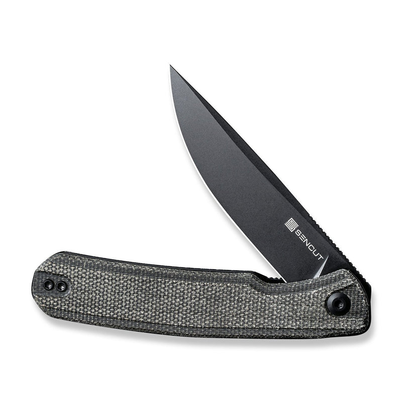 SENCUT Scitus Flipper Knife Dark Green Canvas Micarta Handle (3.47" Black Stonewashed D2 Blade) S21042-3 - SENCUT