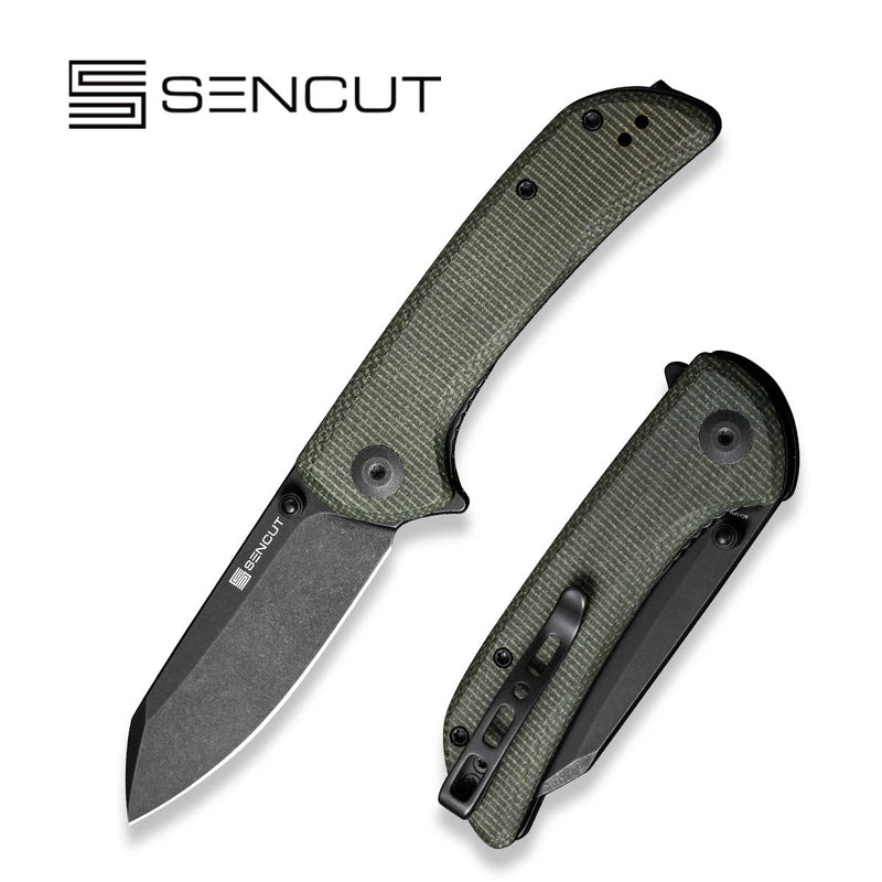 SENCUT Fritch Flipper & Thumb Stud Knife Green Canvas Micarta Handle (2.99" Black Stonewashed 9Cr18MoV Blade) S22014-1