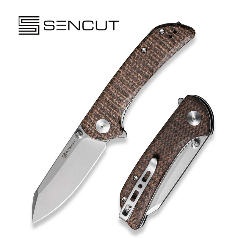 SENCUT Fritch Flipper & Thumb Stud Knife Dark Brown Matrix Micarta Handle (2.99" Stonewashed 9Cr18MoV Blade) S22014-3