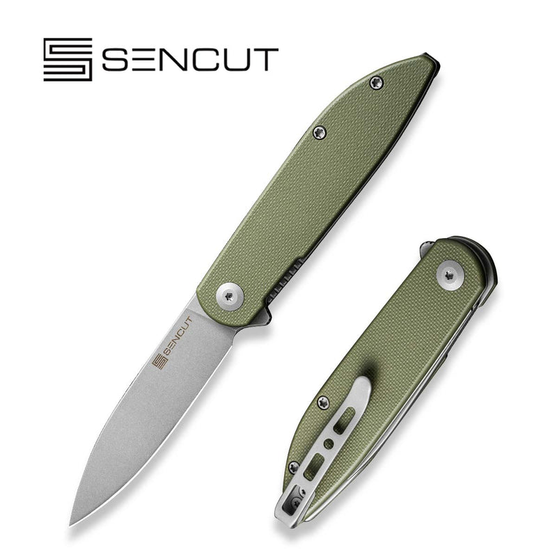 SENCUT Bocll II Flipper Knife OD Green G10 Handle (2.96" Gray Stonewashed D2 Blade) S22019-4 - SENCUT