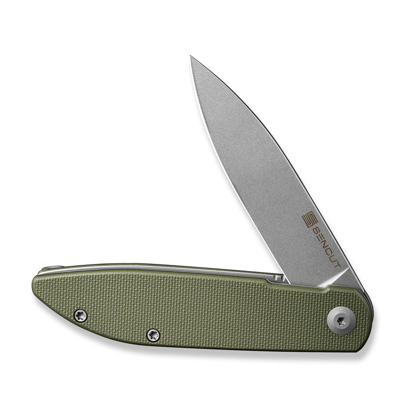 SENCUT Bocll II Flipper Knife OD Green G10 Handle (2.96" Gray Stonewashed D2 Blade) S22019-4 - SENCUT