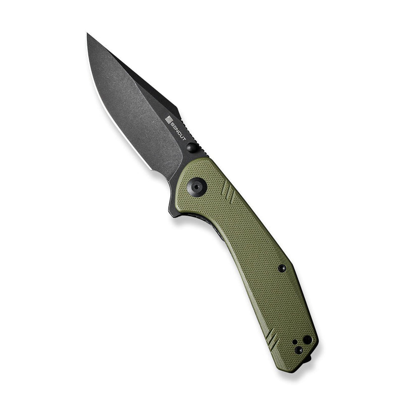 SENCUT Actium Flipper & Thumb Stud Knife OD Green G10 Handle (3.46" Black Stonewashed D2 Blade) SA02E - SENCUT